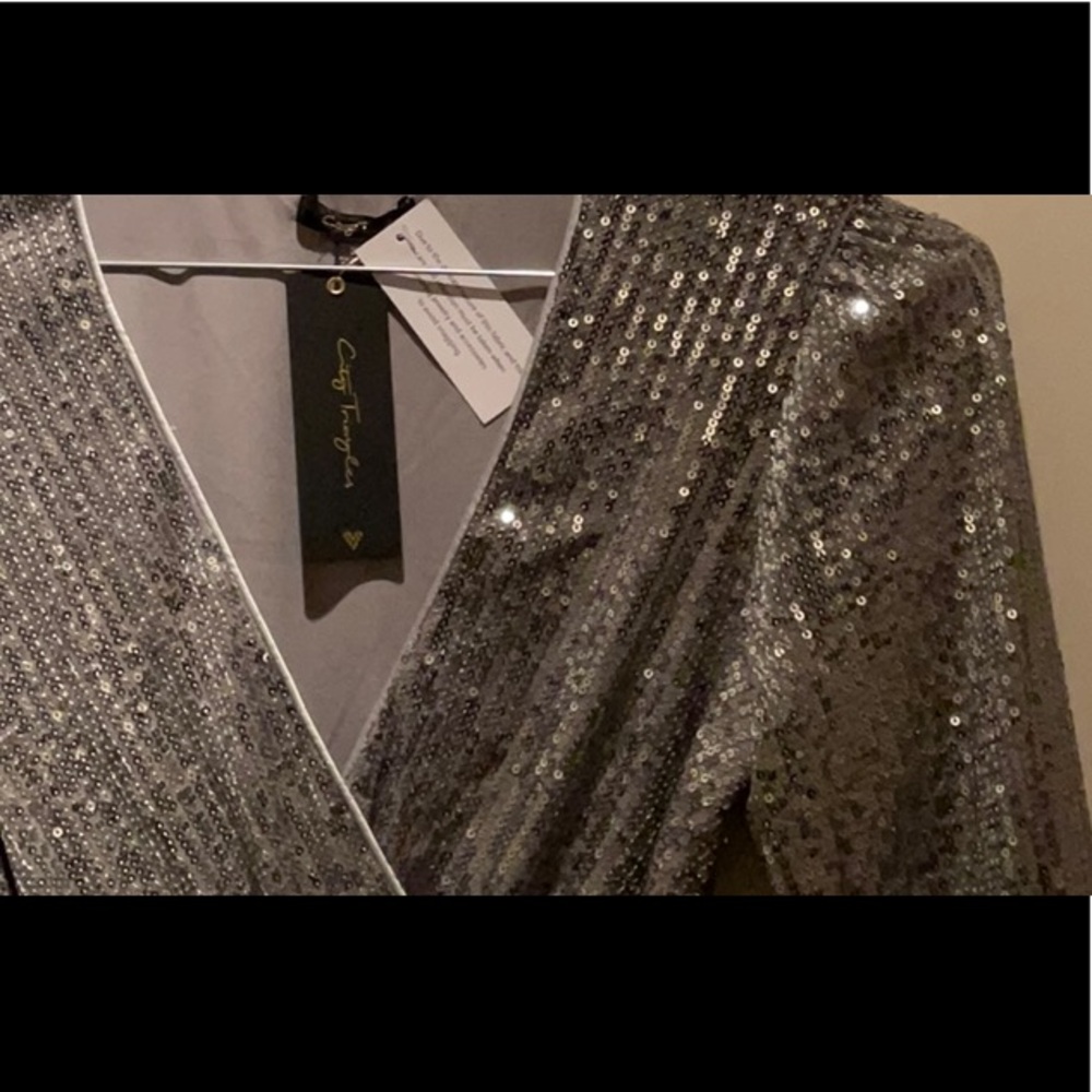 City Triangles belted silver long sleeve short dress fully sequined.